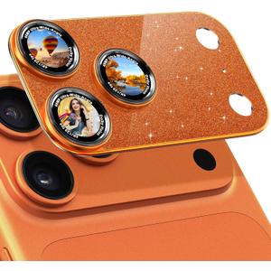 Camera Lens Protector Compatible with iPhone 17 Pro - Metal Frame Tempered Glass Cover, [Anti-Scratch] [Drop-Proof][Strong-Adhesion] Rear Camera Screen Cover- Sparkle Orange