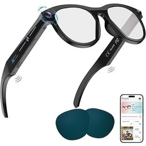 Lixeszt Smart Glasses with Camera AI Glasses Bluetooth Glasses Replaceable Lenses，48H Battery for Travel, Conferences & Vlogging. Translation, Voice Control & Object Recognition (Black)