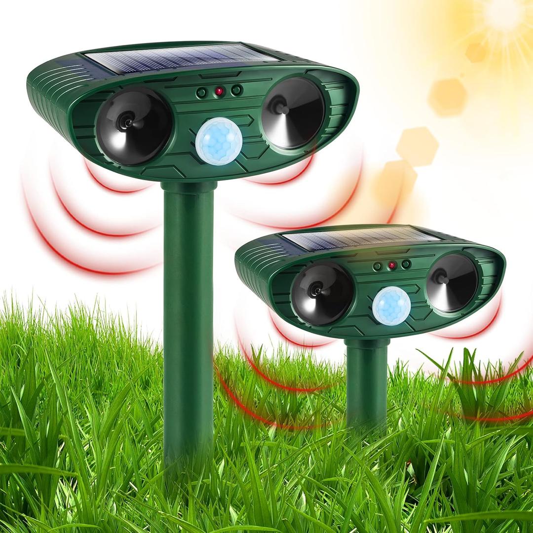 2 Pcs Solar Ultrasonic Animal Repeller Outdoor Deer Repellent Devices with Motion Sensor Waterproof Solar Animal Deterrent to Scare Cat Dog Squirrel Rabbit Raccoon Skunk Repellent for Yard Garden Lawn