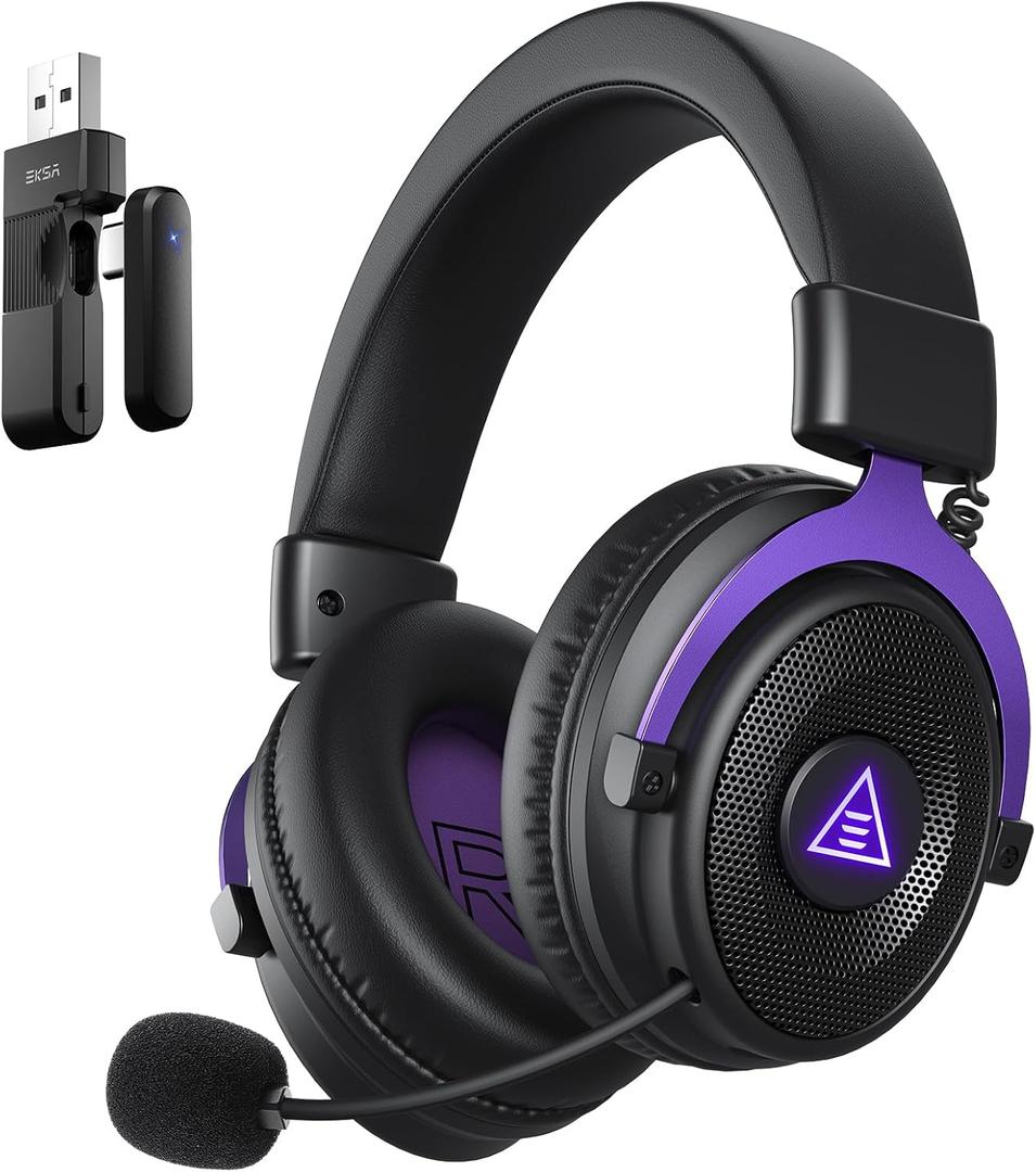 EKSA Wireless Gaming Headset for PC, Ps5, Ps4, 2.4 Ghz USB & Type-C Gaming Headphones with Microphone, 30ms Latency, 80H Battery Bluetooth Headphones for Switch, Laptop, Mobile, Mac (Purple)