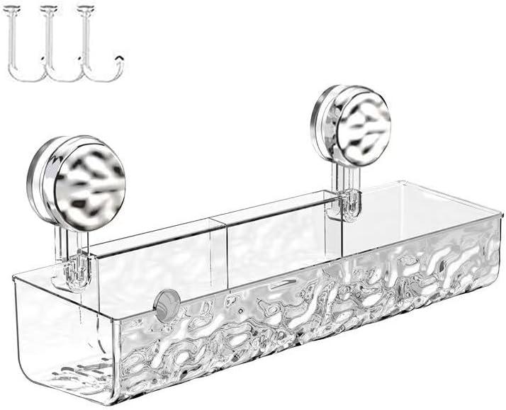 Shower Caddy Wall Mounted Suction Cup Storage Holder Shower Rack Large Organizer Bathroom Shelf No-drilling Shower Shelves with 4 Movable Hooks Wall Shelf Basket Rack (rectangular clear)