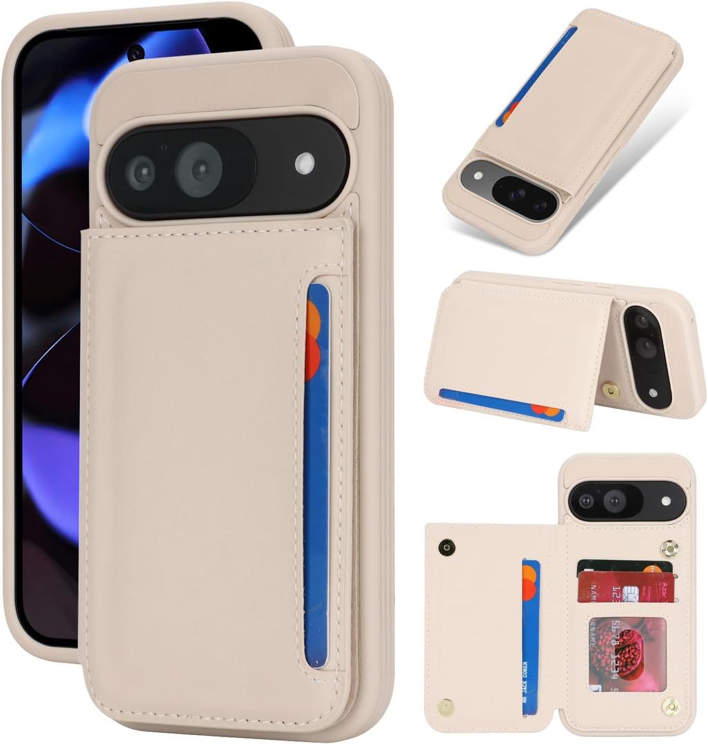 iCoverCase Compatible with Google Pixel 9/9 Pro Case with Card Holder, Wallet Phone Case for Women Men [RFID Blocking] PU Leather Protective Wallet Case for Pixel 9/9 Pro (Beige)