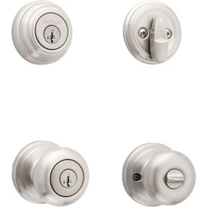 Kwikset Juno Keyed Entry Door Knob and Single Cylinder Deadbolt Combo Pack with Microban Antimicrobial Protection Featuring SmartKey Security in Satin Nickel