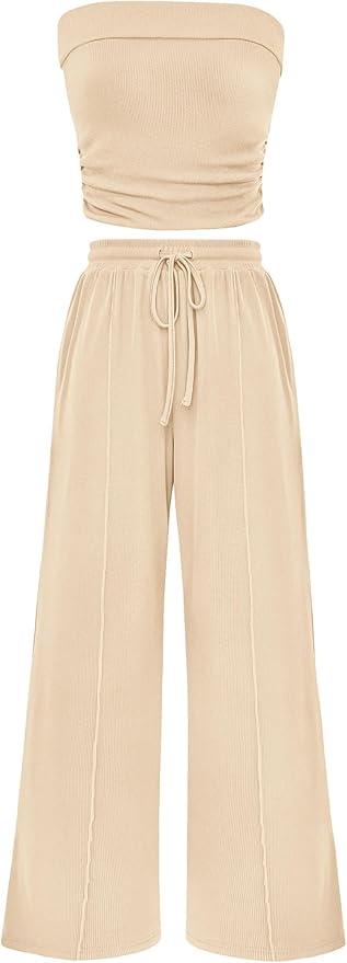 PRETTYGARDEN Womens Summer Outfits 2 Piece Sets Casual Ribbed Knit Crop Tube Top Wide Leg Pants Spring Matching Lounge Set, XS