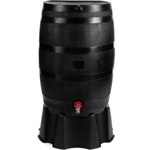 RTS Home Accents 50-Gallon ECO Rain Barrel Made with 100% Recycled Plastic, Flat Back Rain Water Collection Barrel, Stand Included, Black