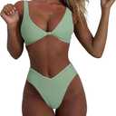 geluboao Bikini Set for Women Solid V Neck Knot Front Push Up High Leg Thong Two Piece Swimsuit (Green, L)