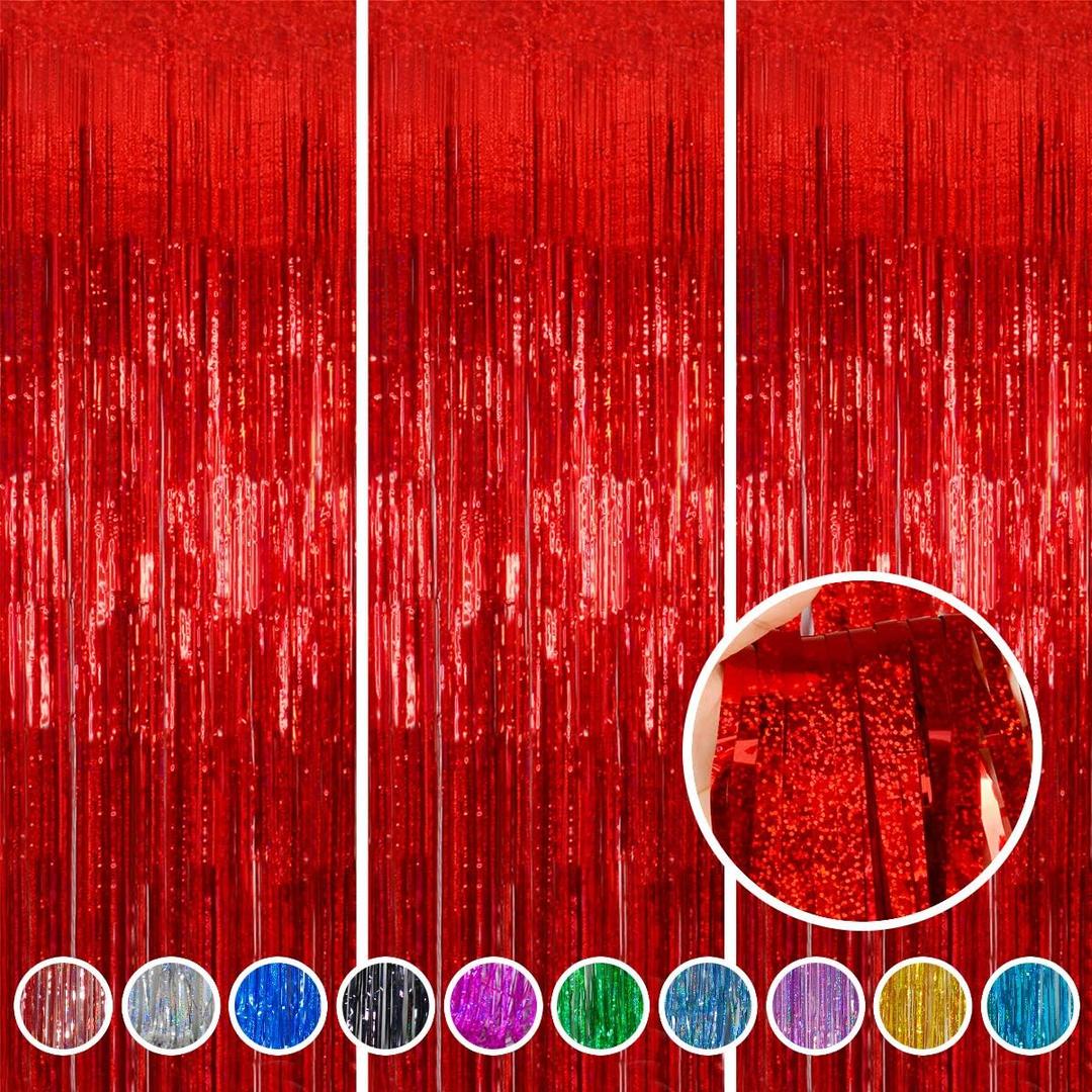 Red Foil Fringe Curtains 3 Pack 3.2 x 8.2 ft Shiny Tinsel Backdrop for Birthday Party Decorations, Photo Booth Background, Red Streamers Decor, Valentines Day