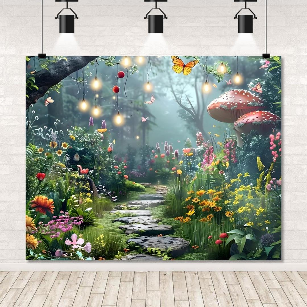 Enchanted Forest Backdrop 10x8ft Fantasy Wonderland Flower Mushroom Background Forest Jungle Photography Backdrop Room Wall Decoration Baby Shower Birthday Party Banner Decorations