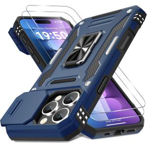 DEERLAMN Case for iPhone 16 Pro with Slide Camera Cover+Screen Protector(2 Packs), Rotated Ring Kickstand Military Grade Shockproof Protective Cover-Navy Blue
