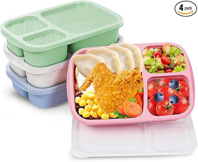 RevyGyuk 3 Pack Bento Box for Adults, 3-Compartment Wheat Straw Food Storage Containers, Meal Prep Lunch Box Microwave and Dishwasher Safe, Suitable for Office and Outdoor