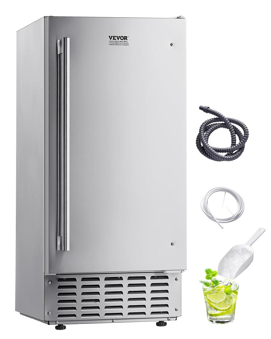 VEVOR Under Counter Ice Maker Machine, 66 Lbs/Day Undercounter Nugget Ice Maker with Gravity Drain, Reversible Door, Self-Cleaning & 24H Timer, Stainless Steel Ice Machine for Commercial Home Kitchen