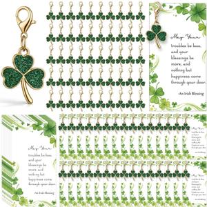 Tondiamo 30/60 Packs Shamrock Keychain Gift Includes Green Three Leaf Clovers Keychain Irish Blessing Cards for women