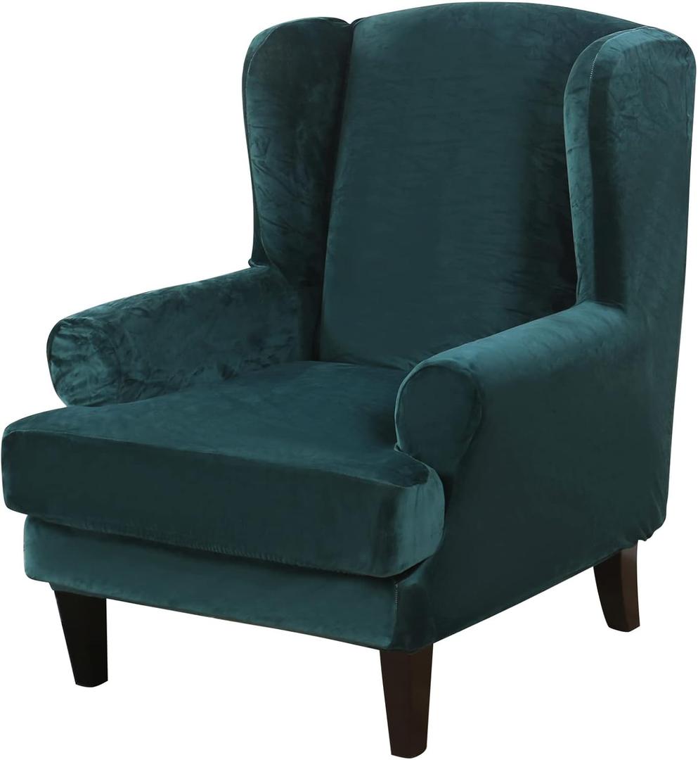 MIFXIN Wingback Chair Slipcover 2-Piece Velvet Stretch Wing Chair Slipcovers with Cushion Cover Removable Washable Armchair Furniture Protector for Living Room Kids Pets (Deep Teal)