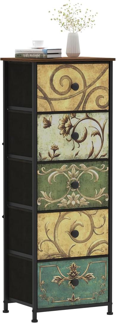 Tohomeor Small Dresser for Bedroom with Retro Flower Narrow Drawers Slim Chest of Drawers Skinny Nightstand Sofa End Table for Living Room Entryway Closet Storage (Multi, 5 Drawers)