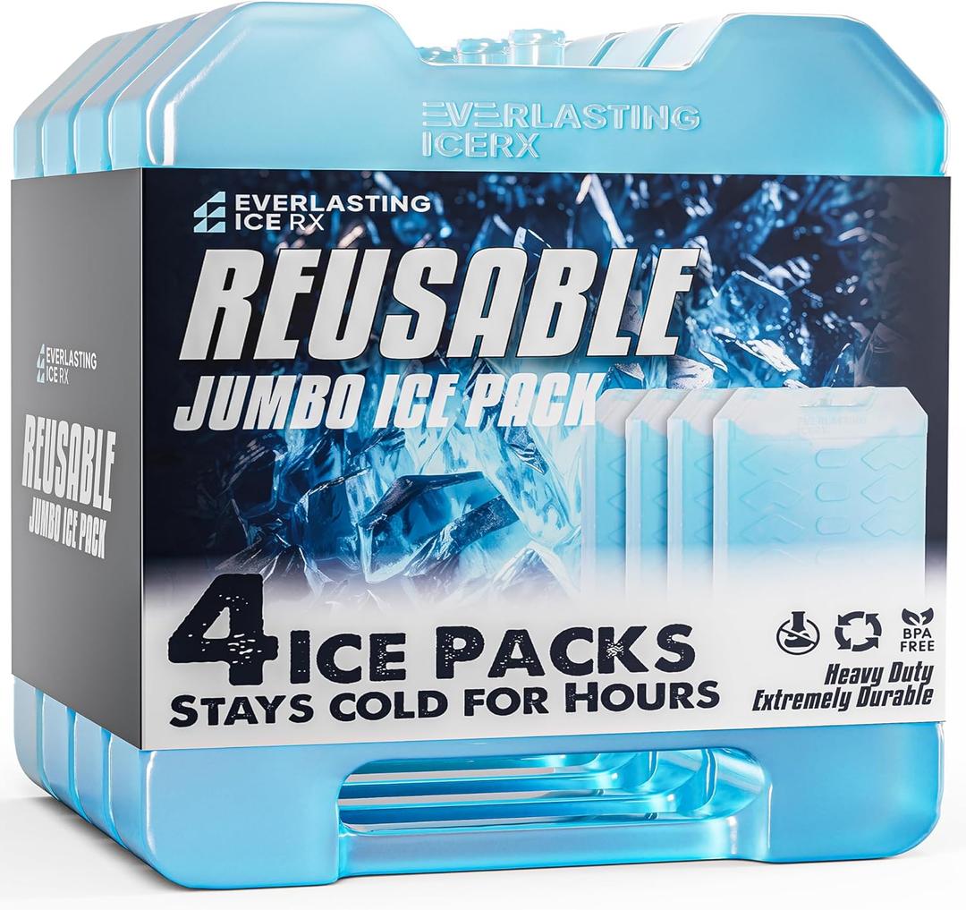 Everlasting Ice RX Large Reusable Ice Packs for Cooler with Handle (4 Pack) Long Lasting Coolness, BPA Free, Freezer Packs for Extended Cooling | Cooler Ice Packs for Camping, Fishing, Hiking, Beach, Jumbo XL