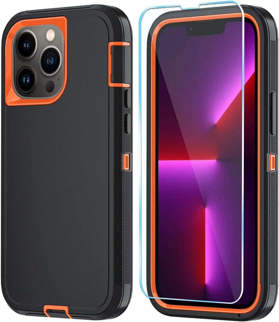 Phone Case for iPhone 13 Pro Case with HD Screen Protector, Heavy Duty Shockproof & DustProof & Dropproof 3-Layer Cover Phone Case for iPhone 13 Pro (6.1'') (BlackOrange)