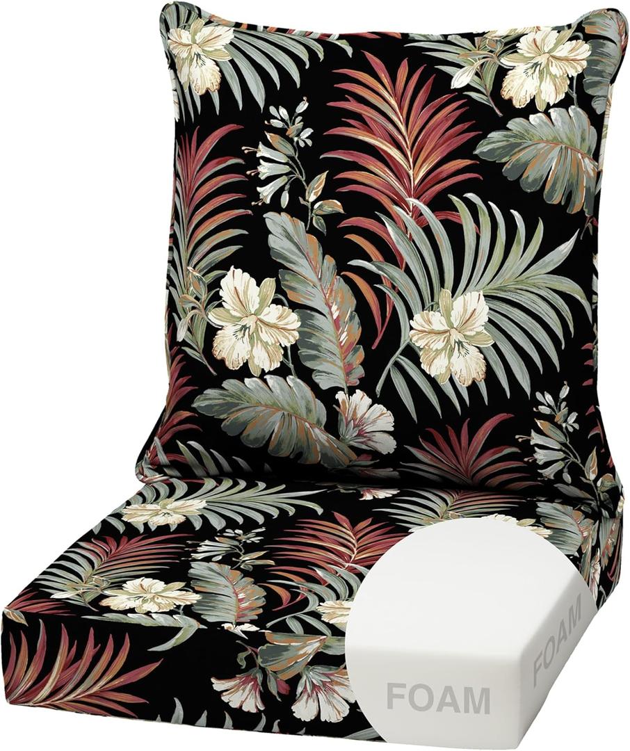 Arden Outdoor Foam Deep Seat Cushion Set, 22 in x 24 in, Weather-Proof, Rain-Proof, Fade Resistant Patio Cushion, Bottom and Back Cushion for Chair, Sofa, and Couch Simone Black Tropical