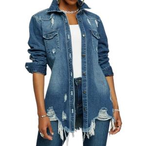 DvaeMalligo Women's Jean Jacket Distressed Button Down Long Sleeve Ripped Oversized Denim Trucker Jean Jackets (XX-Large, Xblue 9642)