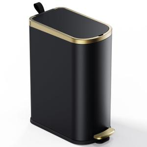 CEROELDA Slim Bathroom Trash Can with Lid Soft Close, 10 Liter/2.6 Gallon Stainless Steel Small Garbage Can, Step Pedal, Slim Metal Wastebasket for Toilet, Office, Bedroom (D-Black)