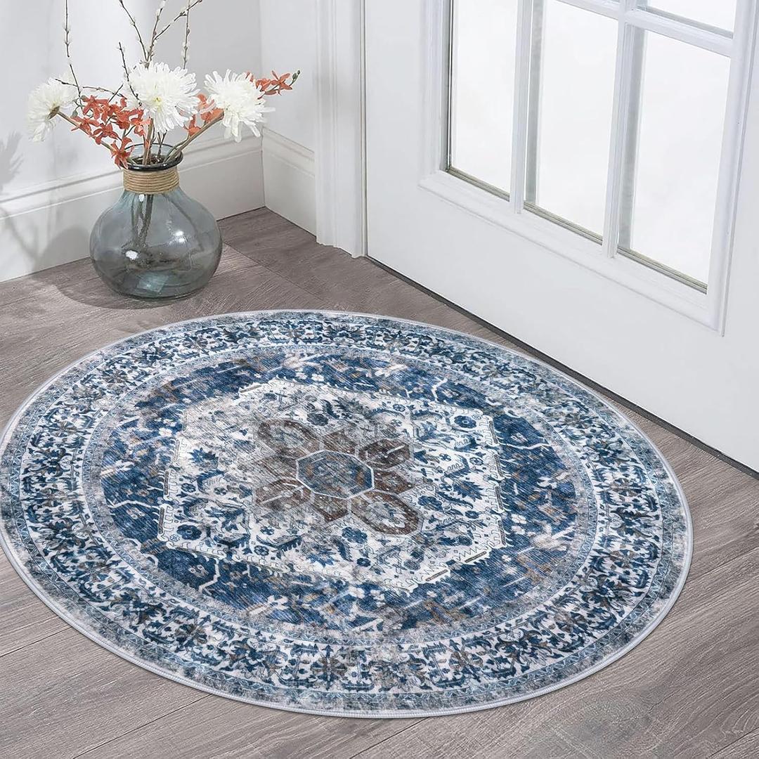 KOZYFLY Round Rug 3 Ft Rugs for Entryway Washable Circle Entrance Rug Non Slip Round Doormat Indoor Printed Faux Wool Round Front Door Mat Floor Carpet for Backdoor, Entryway, Bedroom, Blue (Blue/Brown/White)