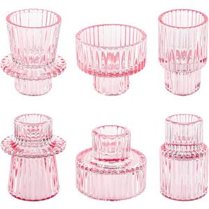 Taper Votive Candle Holder for Pillar Candles Tealight, Candlestick Holder for Wedding Christmas Tea Party, Boho Ribbed Vintage Crystal Glass Table Centerpiece Decor, Bulk Set of 6 (Pink)