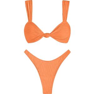 ZAFUL 2025 Cheeky Bikini Sets for Women High Cut Swimsuit Textured Ribbed Bikini Thong Bathing Suit Orange, M