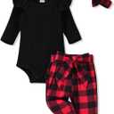 Aalizzwell Preemie Newborn Infant Baby Girls Clothes Ribbed Romper Bodysuit Pants Set Fall Winter Outfits (0-3 Months, Plaid)