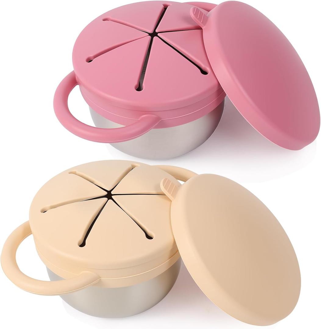 2 Pack Stainless Steel Spill Proof Snack Cup for Baby Toddlers Kids, with Silicone Food Catcher, Travel Lid, Spill-Proof Bowl Containers, Toddlers Essentials, Non Toxic BPA Free (Pink and Yellow)