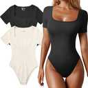 OQQ Women's 2 Piece Bodysuits Sexy Ribbed One Piece Square Neck Short Sleeve Bodysuits , Extra Large , Black /White 