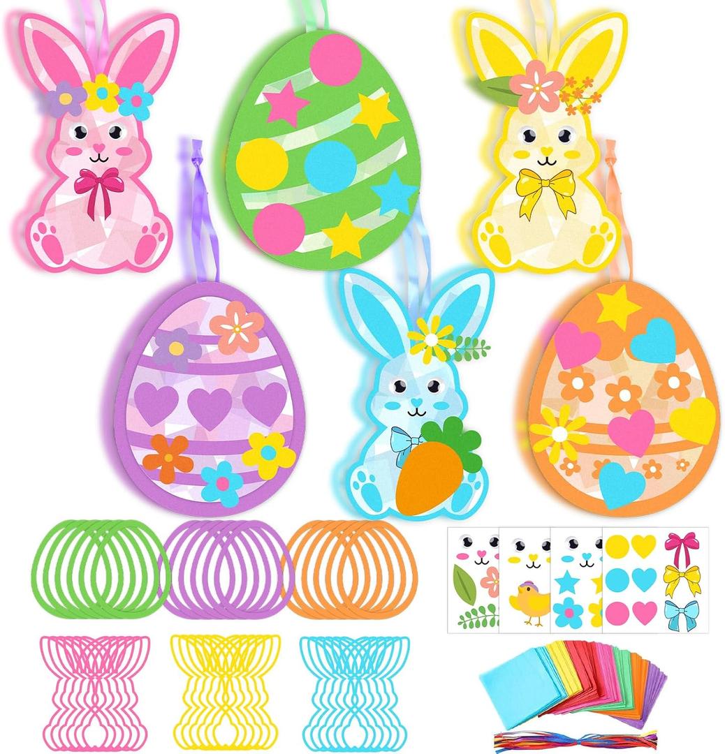 JarThenaAMCS 24Pcs Easter Craft Kit Suncatchers Crafts Colorful Cute Bunny Rabbit Egg Tissue Paper Sign for Easter Spring Holiday Party Favors Window Art DIY Project