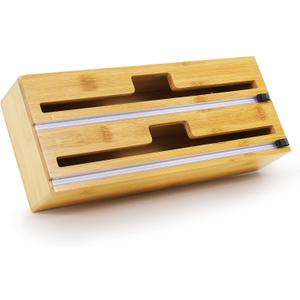 2 in 1 Wrap Organizer/Dispenser with Cutter, Plastic Wrap, Aluminum Foil and Wax, Bamboo Dispenser for Kitchen Storage Organization Drawer for 12" Roll (Natural)