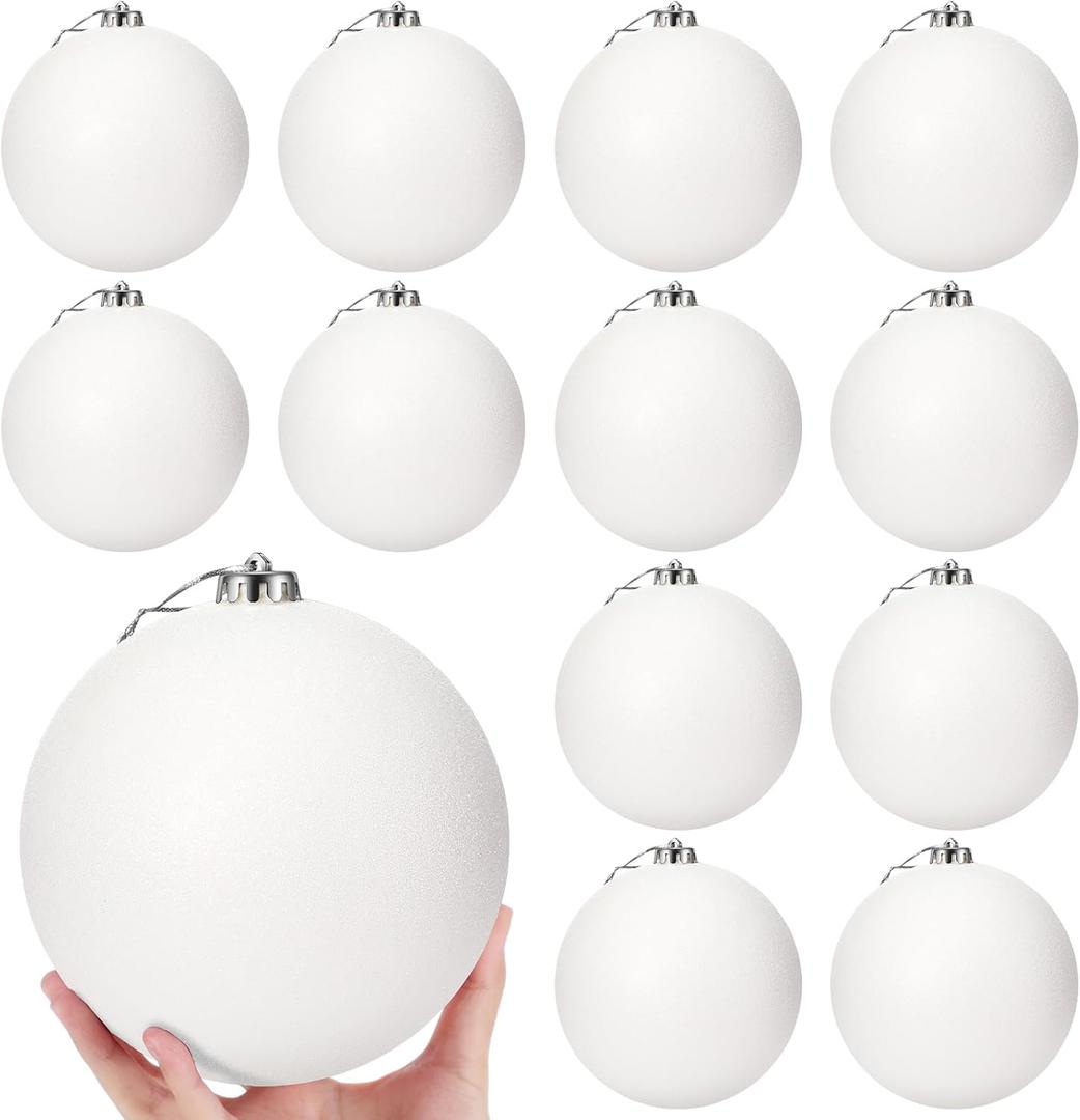 Poen 12 Pcs 6 Inch Large Christmas Ball Ornaments Glitter Extra Large Christmas Ornaments Giant Xmas Balls Tree Decorations with Hanging Loop for Xmas Holiday Party Decor (White)