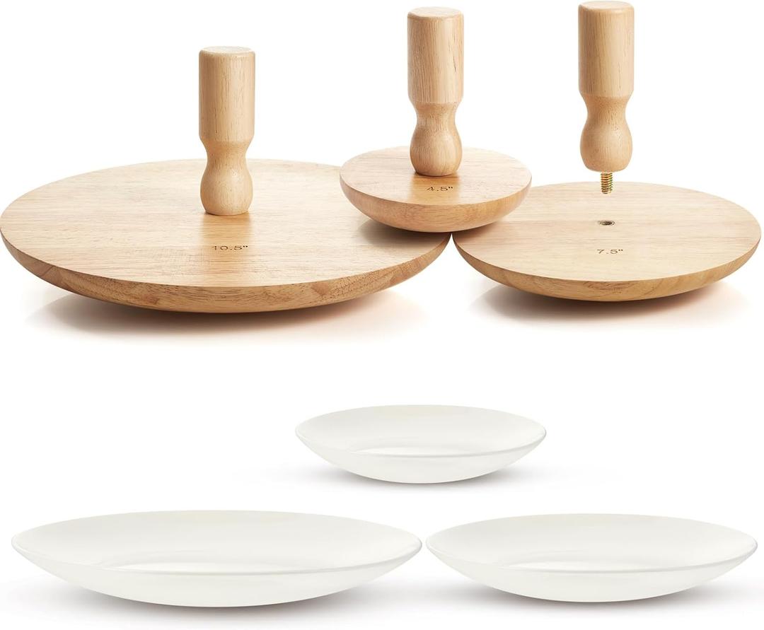Wenqik 3 Pack Pottery Molds 4. 5'', 10. 5'' Plaster Molds Wood Pottery Tools with Handle Ceramic Tools for Ceramic Top Forms for DIY Bowls Plate Dish Slump Press Art Making
