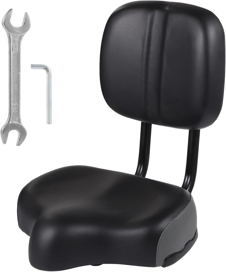 Bike Seat with Backrest,Extra Wide Bicycle Seat with Back Support,Extra-Large Bicycle Seat with Padded PU Cushion Saddle Fit for Tricycle Mountain E-Bike, Includes Installation Tools (Grey)