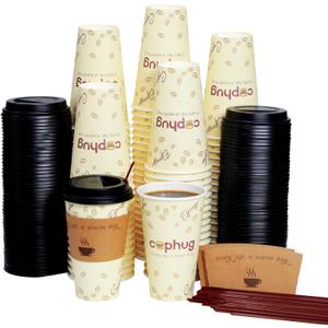 16 oz Disposable Coffee Cups with Lids, Sleeves and Straws 100 Pack, Thickened Leak-Proof Insulated Paper Cups for Hot Drinks, Home, Office, Cafe, Party