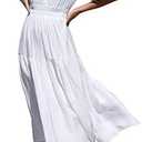 Lucrosun Women's Summer V Neck Short Puff Sleeve A Line Tiered Midi Dress M