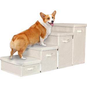 Dog Stairs with Storage, 4-Step Folding Pet Steps for Small Dogs and Cats, Pet Steps Storage with Zip, Pet Stairs for High Bed, Couch and Car Ramp (Beige, 4 Steps no Condo)