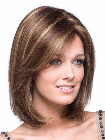 SEVENCOLORS Short Brown Mixed Blonde Bob Wigs for White Women Shoulder Length Synthetic Hair Wigs with Side Bangs Straight Blonde Highlights Womens Bob Wig