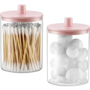 TIPGO Glass Qtip Holder Dispenser for Bathroom - 10 oz Clear Canister Apothecary Jar for Cotton Swabs, Balls, Pads, Floss Picks, Small Containers for Makeup Storage Organizer (2 Pack, Pink)