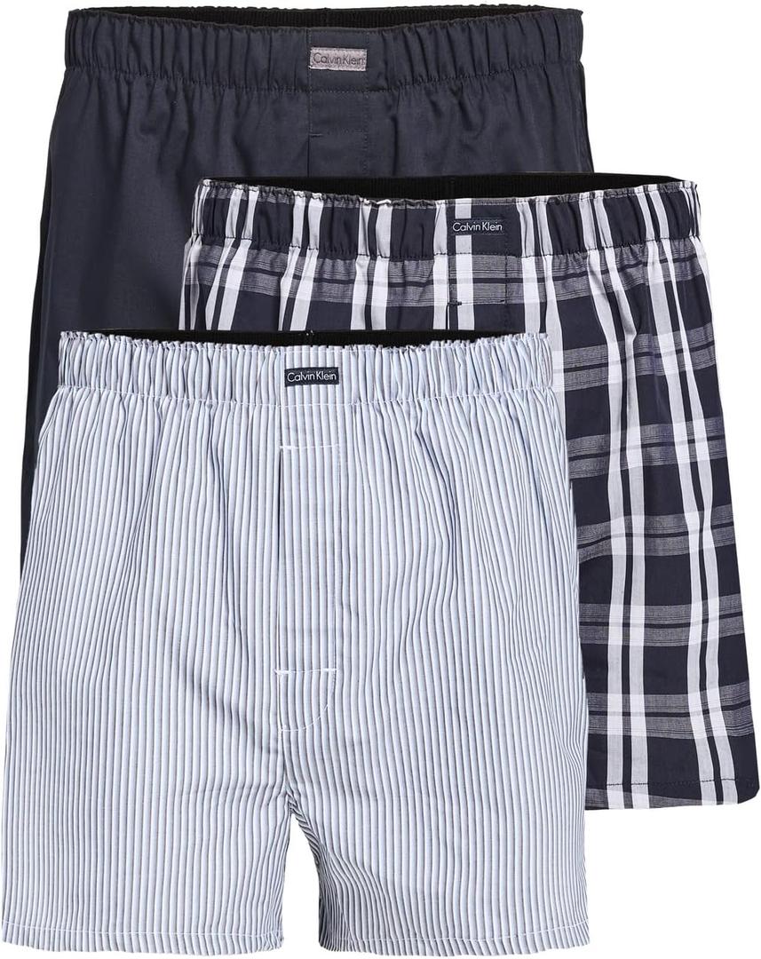 Calvin Klein Men's Multicolor Underwear Cotton Classics 3-Pack Woven Boxer, Tide/ Morgan Plaid, Tide/ Montague Stripe, Tide, Medium