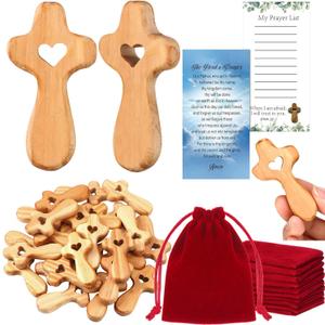 Bucherry 25 Set Olive Wood Cross My Heart Small Pocket Crosses with Bags and Prayer Cards Jesus Christian Holding Hand Crosses Bulk for Christmas Baptism First Communion Gift (Wood,2.36 Inches) (Dark)