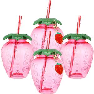 Gadpiparty 4pcs Strawberry Cups, Strawberry Tumbler with Lid And Straw, Fruit Cups for Summer Parties Hawaiian Themed Events and Kids Drinks