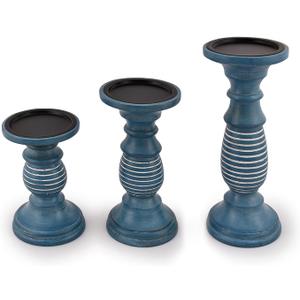 Candleholder Sets Mango Wood Blue Distressed Finish for Rustic, Vintage, and Antique Style Interior Designs for Table Centerpieces Brown Home Decor Kitchen