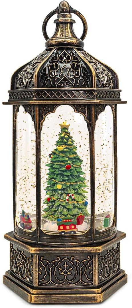 Christmas Snow Globes with Music,6H Timer Cylindrical Flashing Snow Ball,Bronze Musical Box Including 8 Songs,Glitter Snowflakes Lantern with Christmas Tree Xmas Decor Gift (Color-11)