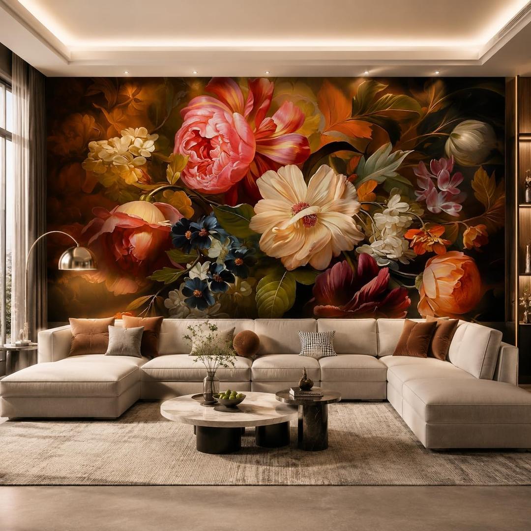 Vintage Floral Wall Mural, Oil Painting Style, Colorful Blooms, Classical Art Decor, Large Scale Wallpaper (Color-35, 137" L x 98" H)