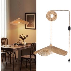 Arturesthome Plug in Pendant Lighting Hanging Lights with Plug in Cord 16.4FT Dimmable Cord Hanging Lamp Boho Hemp Rope Woven lampshade for Dining Room Farmhouse (Bulb Included)