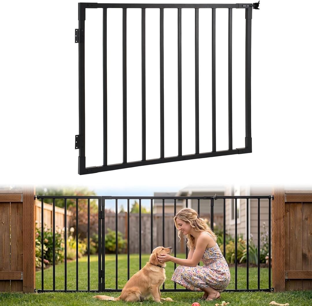 4ft W x 42in Wrought Iron Deck Gate Heavy-Duty Gate, Cuttable Outdoor Railing Gate, Rust-Proof AAMA2604 Black Textured Finish for Patio Porch Garden