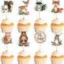 32Pcs Woodland Animals Cupcake Toppers Raccoon Owl Rabbit Bear Oh Baby Cupcake Picks for Baby Shower Boys Girls Woodland Birthday Cupcake Decors Woodland Animal Party Supplies