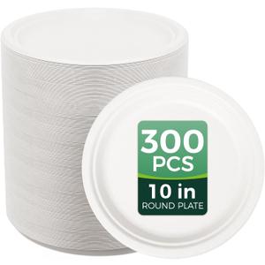 100% Compostable Paper Plates - 10 Inch, Bulk 300 Count - Disposable, Heavy Duty, Biodegradable Plates Made of Bagasse - Eco-Friendly, Large Size (White)