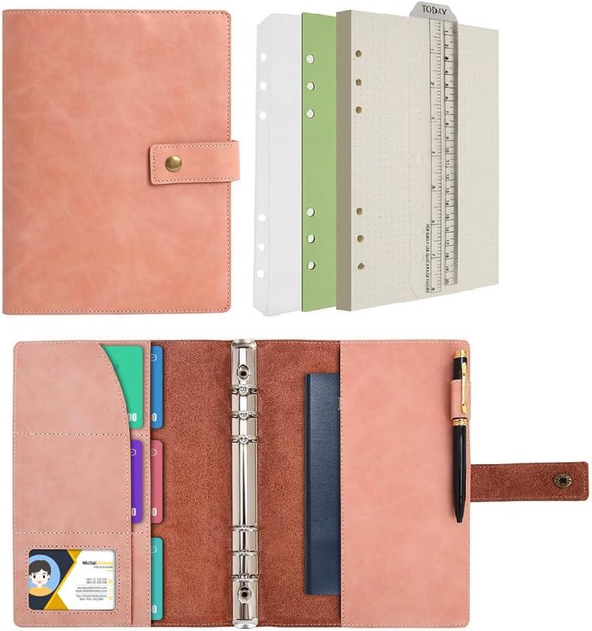 Wonderpool Leather Journal Dotted Paper Refillable Writing Binder Notebook - Leather Spiral Diary with Inner Organizer Pockets for Man and Woman (Pink, A5)